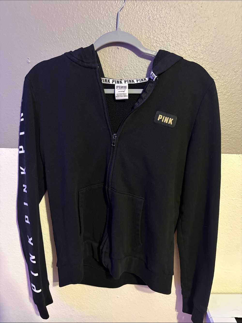 PINK Victoria's Secret Black Zip-Up Hoodie with Sleeve Logo